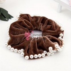 Elastic pentru par Cod ECD007CC din catifea Cafenie cu perle sidefate